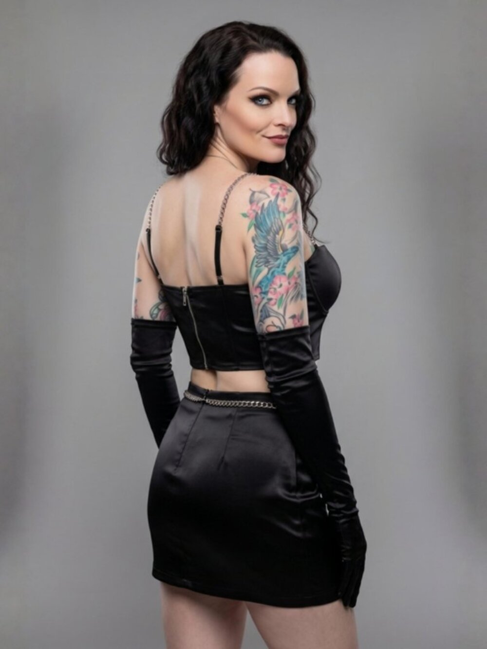 Midnight ✦ Black Satin Chain Strap Crop Top & Mini Skirt Set w/ Gloves ✦ M NWT